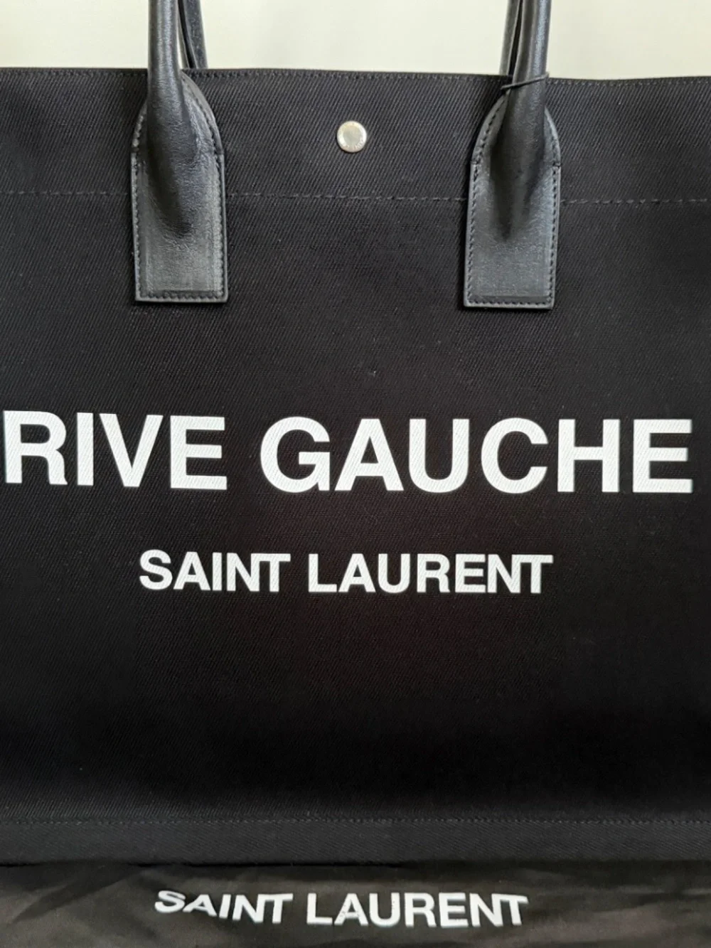 Saint Laurent YSL Rive Gauche Black White Canvas Logo Leather Tote Bag